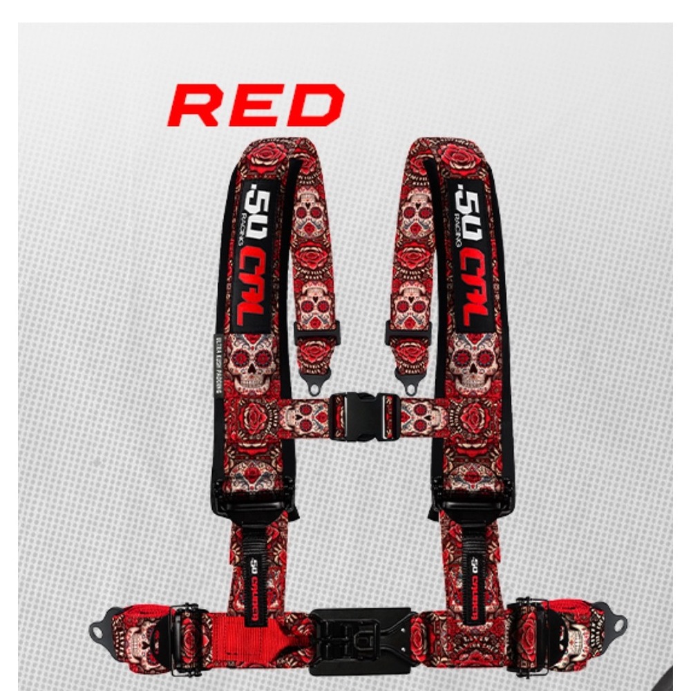 50 Caliber Racing 4 Point Harness 2in Red Sugar Skull UTV RZR Off Road
